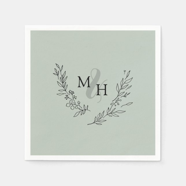 Elegant Monogram Wreath Sage Wedding Napkin (Front)