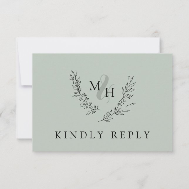 Elegant Monogram Wreath Sage Wedding RSVP Card (Front)