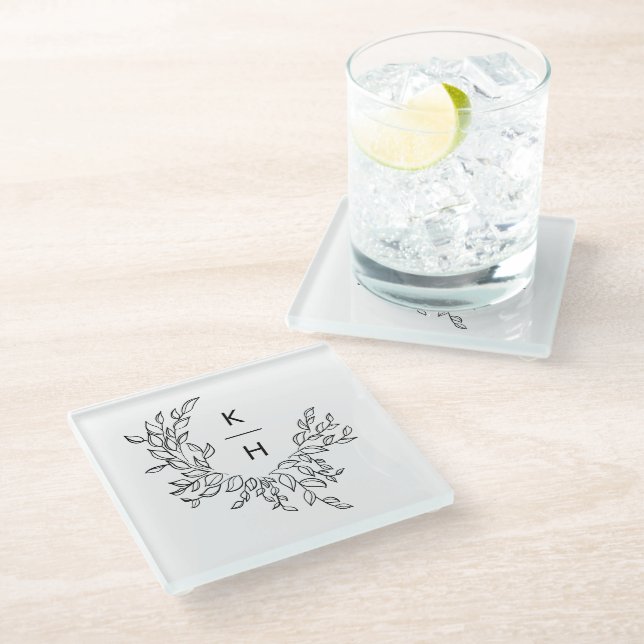 Elegant Monogram Wreath Wedding Couple Glass Coaster (Angled)