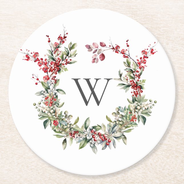 Elegant MonogramChristmas Holiday Wreath Round Paper Coaster (Front)