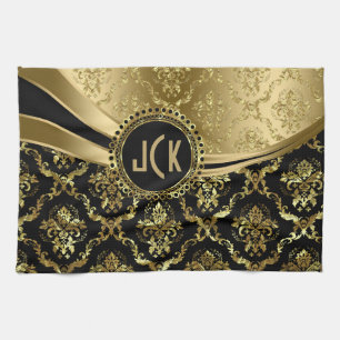 Elegant Monogramed Black & Gold Floral Damasks 2c Tea Towel