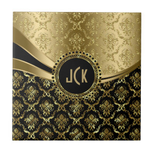 Elegant Monogramed Black & Gold Floral Damasks 2c Tile