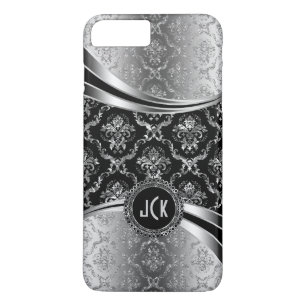 Elegant Monogramed Black & Silver Floral Damasks iPhone 8 Plus/7 Plus Case