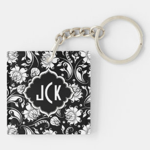 Elegant Monogramed Black & White Floral Damask 5 Key Ring
