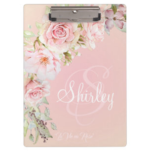 Elegant Monogramed Pink Watercolor Roses Clipboard