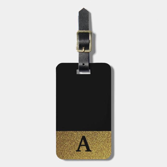 Elegant monogrammed black and gold luggage tag (Front Vertical)