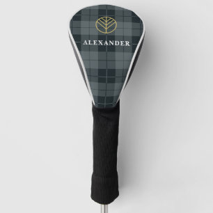 Elegant Monogrammed Black and Gold Tartan Golf Head Cover