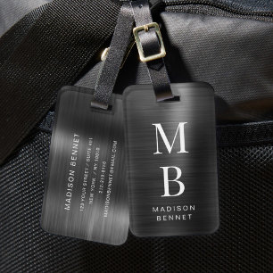 Elegant Monogrammed Black Brushed Metallic Luggage Tag