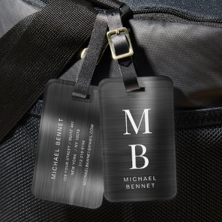 Elegant Monogrammed Black Brushed Metallic Luggage Tag