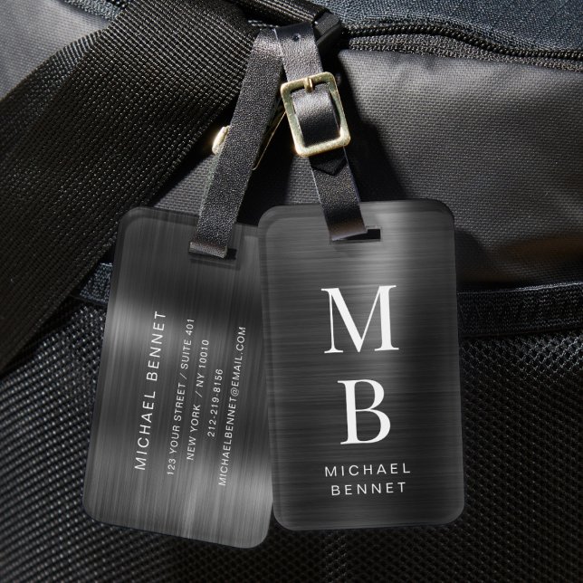 Elegant Monogrammed Black Brushed Metallic Luggage Tag (Elegant Monogrammed Black Brushed Metallic Luggage Tag)