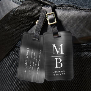 Elegant Monogrammed Black Brushed Metallic Luggage Tag