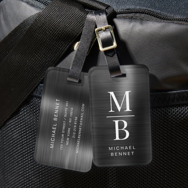 Elegant Monogrammed Black Brushed Metallic Luggage Tag (Elegant Monogrammed Black Brushed Metallic Luggage Tag)
