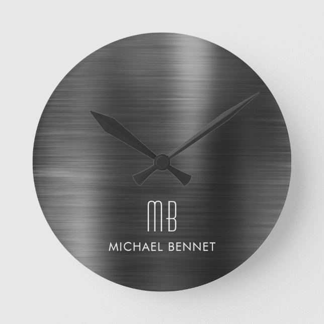 Elegant Monogrammed Black Brushed Metallic Round Clock (Front)