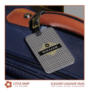 Elegant Monogrammed Black Gold and Grey Plaid Lugg Luggage Tag