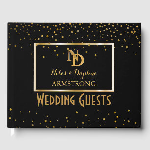 Elegant Monogrammed   Black Gold Art Deco Wedding Guest Book