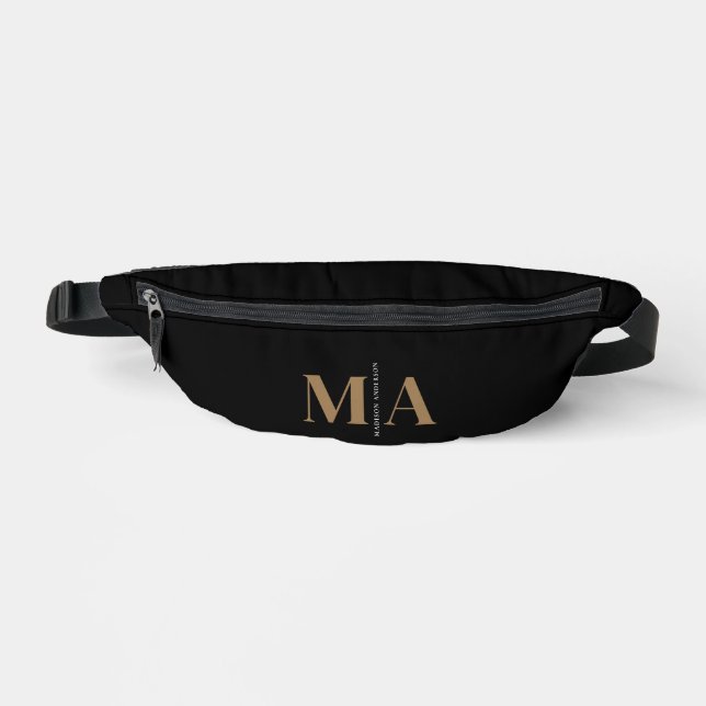 Elegant Monogrammed Black Gold Name Bum Bags (Front)
