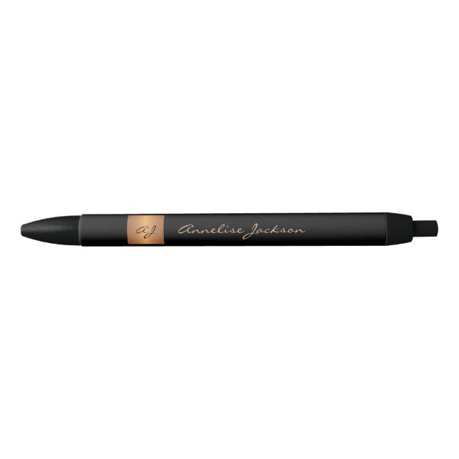 Elegant monogrammed black gold name script classy ink pen (Front)