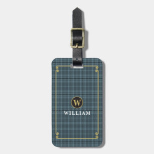 Elegant Monogrammed Black Gold Windowpane Check Luggage Tag