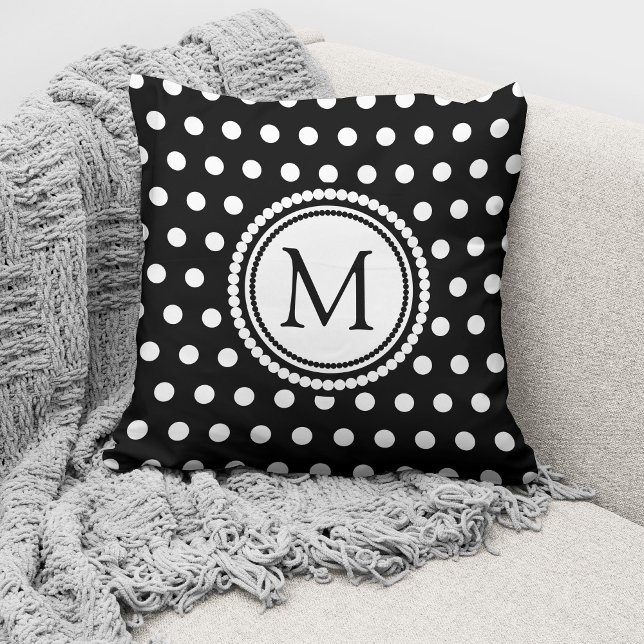 Elegant Monogrammed Black White Polka Dots  Cushion (Creator Uploaded)