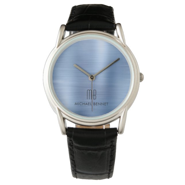 Elegant Monogrammed Blue Brushed Metal Watch (Front)