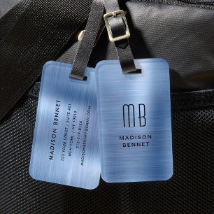 Elegant Monogrammed Blue Brushed Metallic Luggage Tag
