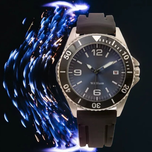 Elegant Monogrammed Blue Brushed Metallic Watch (Creator Uploaded)
