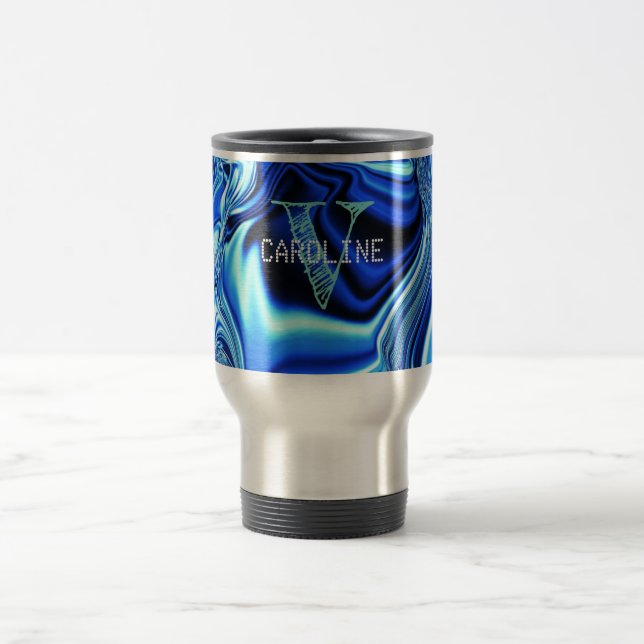 Elegant Monogrammed Blue Chrome Pattern  Travel Mug (Center)