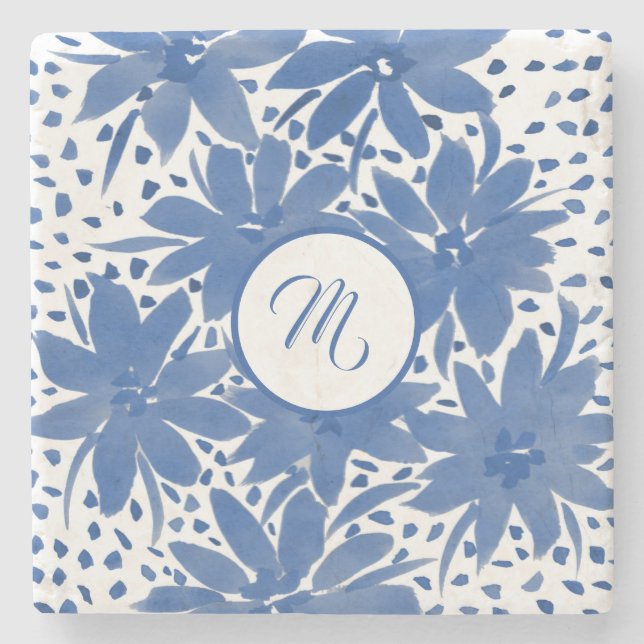 Elegant Monogrammed Blue Floral Watercolor Stone Coaster (Front)