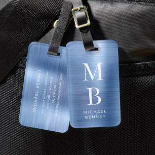 Elegant Monogrammed Blue Luggage Tag