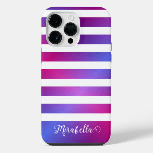 Elegant Monogrammed Blue Purple Pink White Stripes iPhone 14 Pro Max Case