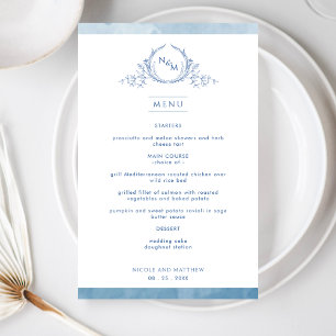 Elegant Monogrammed Blue Watercolor Wedding Menu