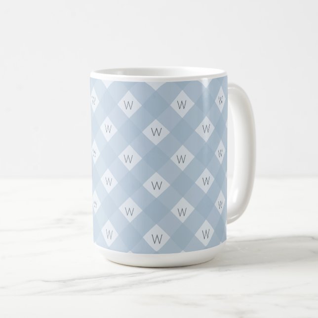 Elegant Monogrammed Blue, White Chequered Pattern Coffee Mug (Front Right)