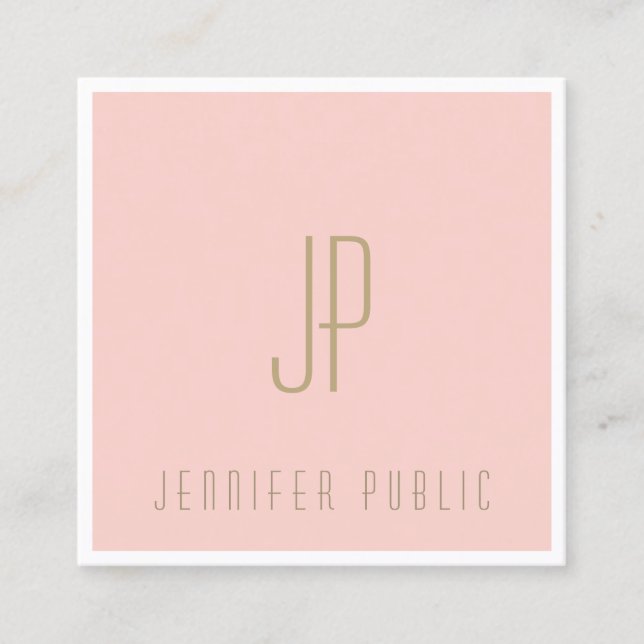 Elegant Monogrammed Blush Pink Gold Text Modern Square Business Card (Front)