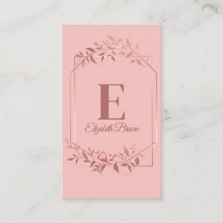 Elegant monogrammed blush rose gold frame leaves business card
