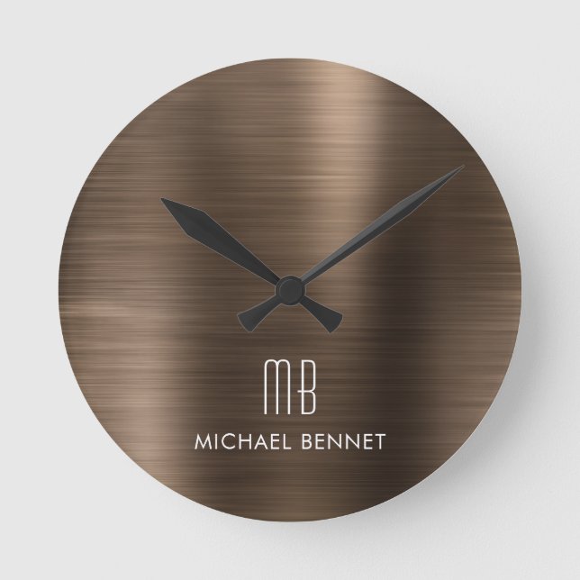 Elegant Monogrammed Bronze Brushed Metallic Round Clock (Front)