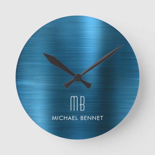 Elegant Monogrammed Brushed Metallic Blue Round Clock (Front)