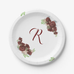 Elegant Monogrammed Burgundy Roses Paper Plate
