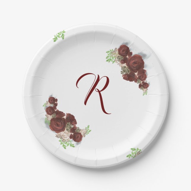 Elegant Monogrammed Burgundy Roses Paper Plate (Front)