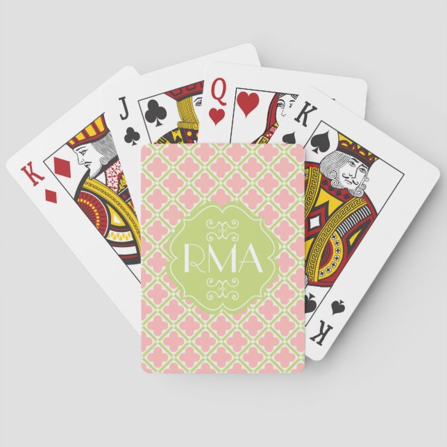 Elegant Monogrammed Clover Pattern Pink & Green Playing Cards (Back)