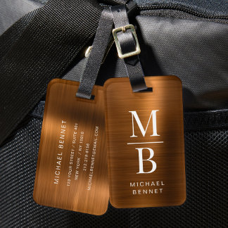 Elegant Monogrammed Copper Brushed Metallic Luggage Tag