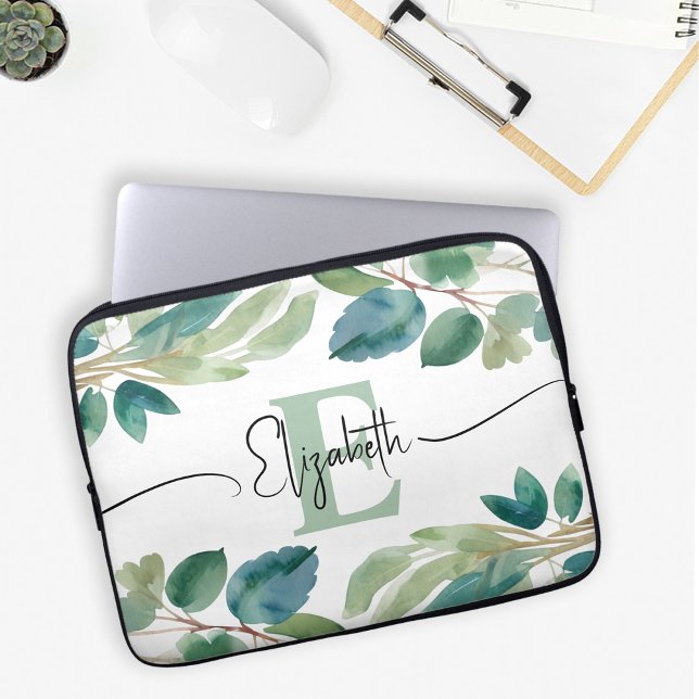 Elegant Monogrammed Eucalyptus greenery Watercolor Laptop Sleeve (Creator Uploaded)