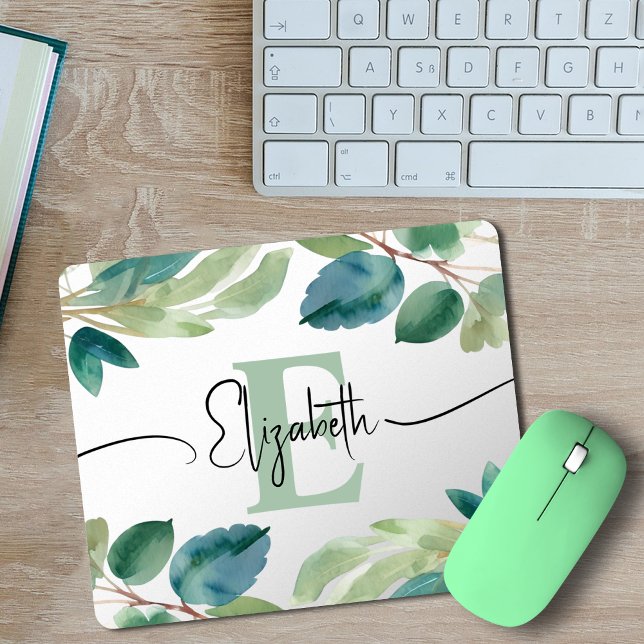 Elegant Monogrammed Eucalyptus Greenery Watercolor Mouse Mat (Creator Uploaded)