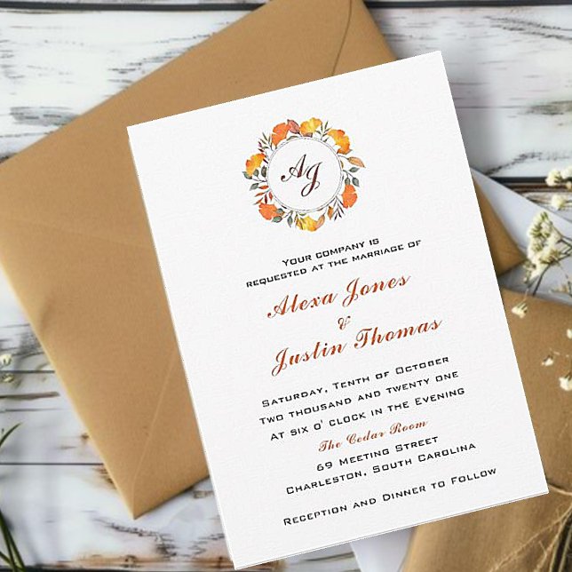 Elegant Monogrammed Fall foliage wedding Announcement (Creator Uploaded)