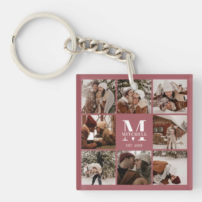Elegant Monogrammed Family Photo Collage Modern Key Ring (Front)