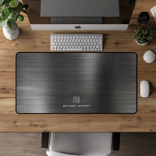 Elegant Monogrammed Faux Black Brushed Metallic Desk Mat