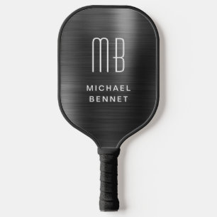 Elegant Monogrammed Faux Black Brushed Metallic Pickleball Paddle