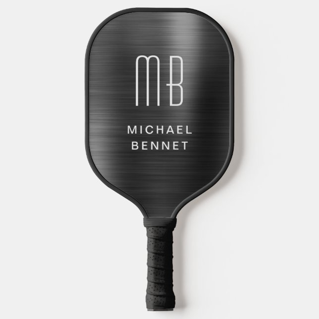 Elegant Monogrammed Faux Black Brushed Metallic Pickleball Paddle (Front)