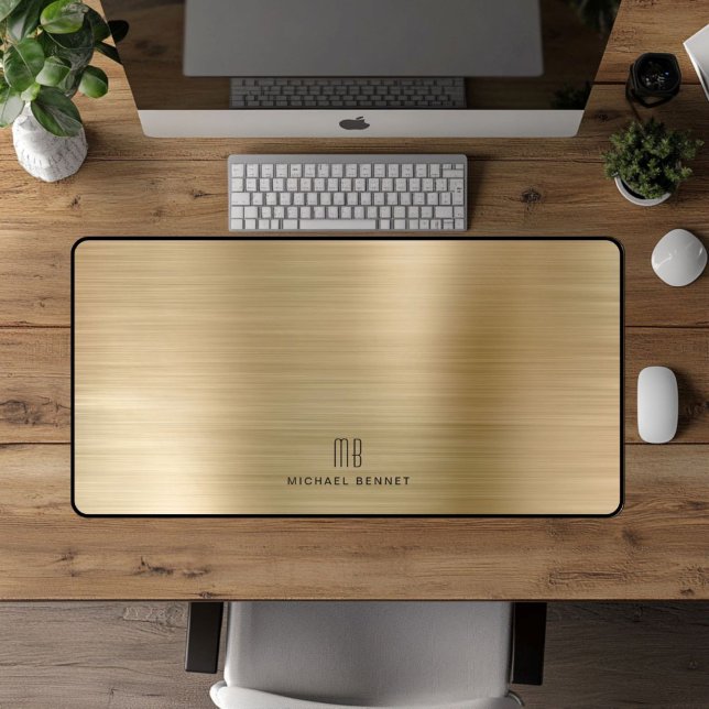 Elegant Monogrammed Faux Gold Brushed Metallic Desk Mat (Elegant Monogrammed Faux Gold Brushed Metallic Desk Mat)