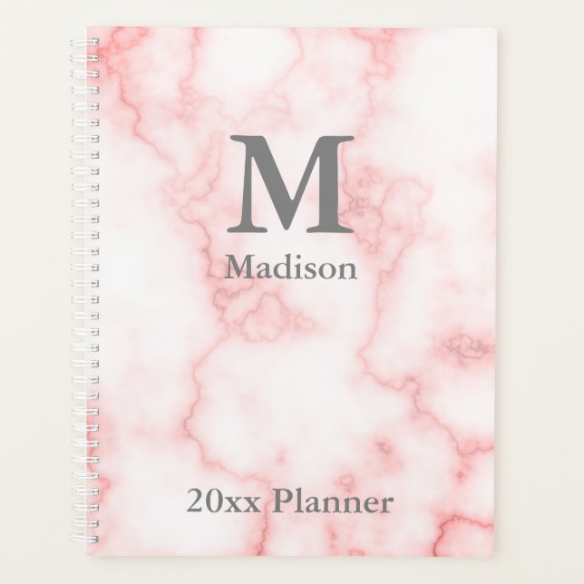 Elegant Monogrammed Faux Pink Marble Planner (Front)