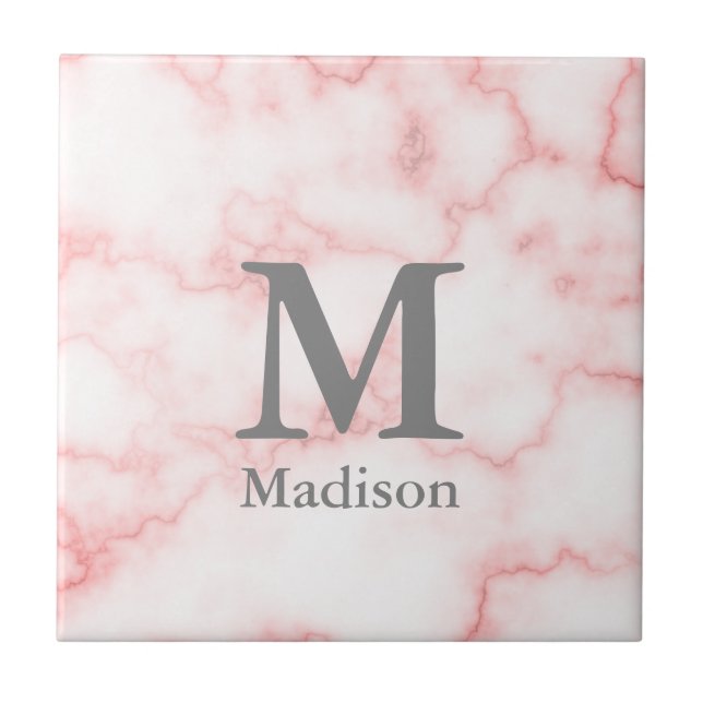 Elegant Monogrammed Faux Pink Marble Tile (Front)